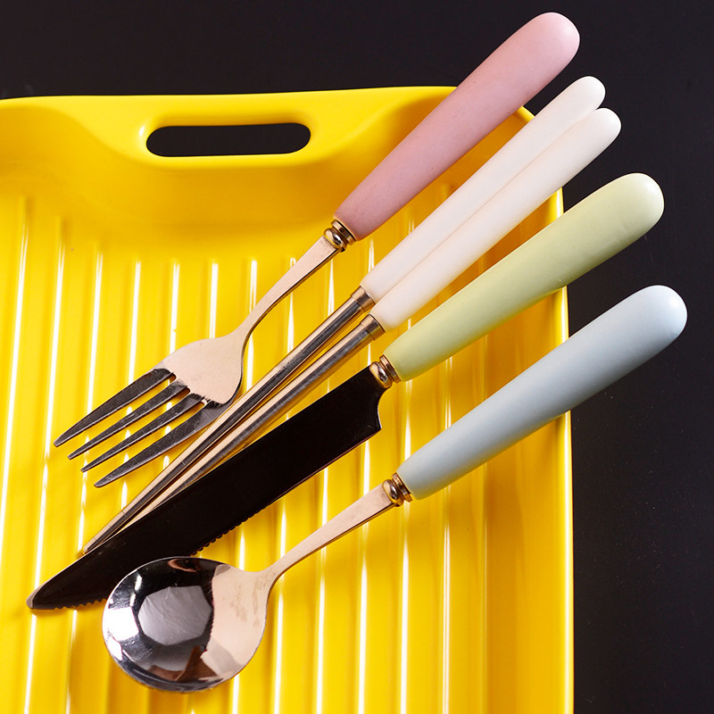 日式儿童防滑刀子叉子勺子筷子陶瓷磨砂手柄一人食分餐马卡龙多色