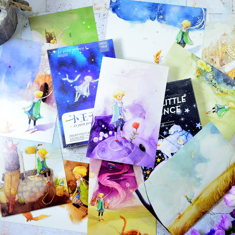 小王子彼得潘手绘风格水彩插画经典故事明信片 夜光盒装贺卡包邮