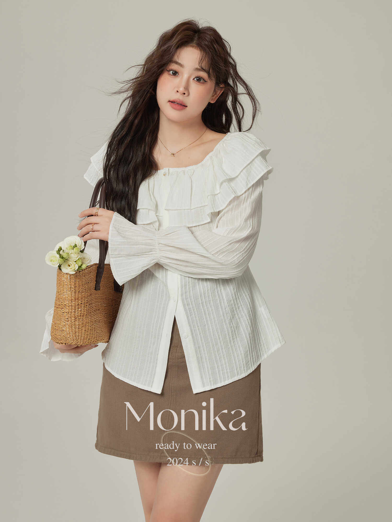 모니카 플러스 사이즈 뚱뚱한 소녀들을 위한 여성 의류 새로운 디자인 프릴 원라인 칼라 레트로 오프 숄더 셔츠 탑