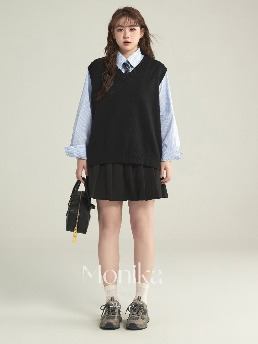 플러스 사이즈 여성 지방 MM 느슨한 슬리밍 조끼 니트 조끼 여성 가을 ??일본식 게으른 스타일 쌓인 V 넥 탑