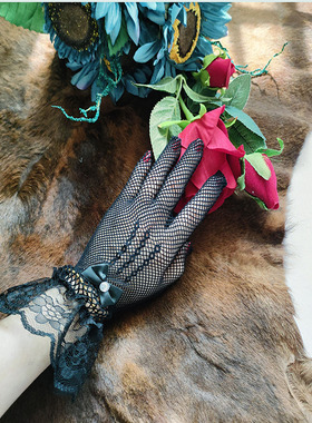 薄款弹性网眼蕾丝镂空黑白色旗袍裙伴侣女生性感跳舞分指表演手套