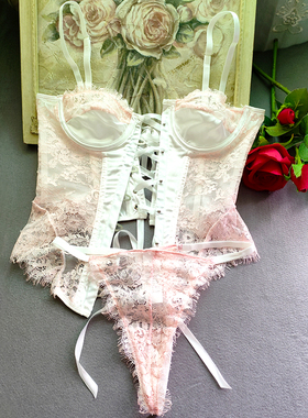 新款粉白色薄款塑身衣系带超薄舒适透气蕾丝性感内衣丁字裤夏季女