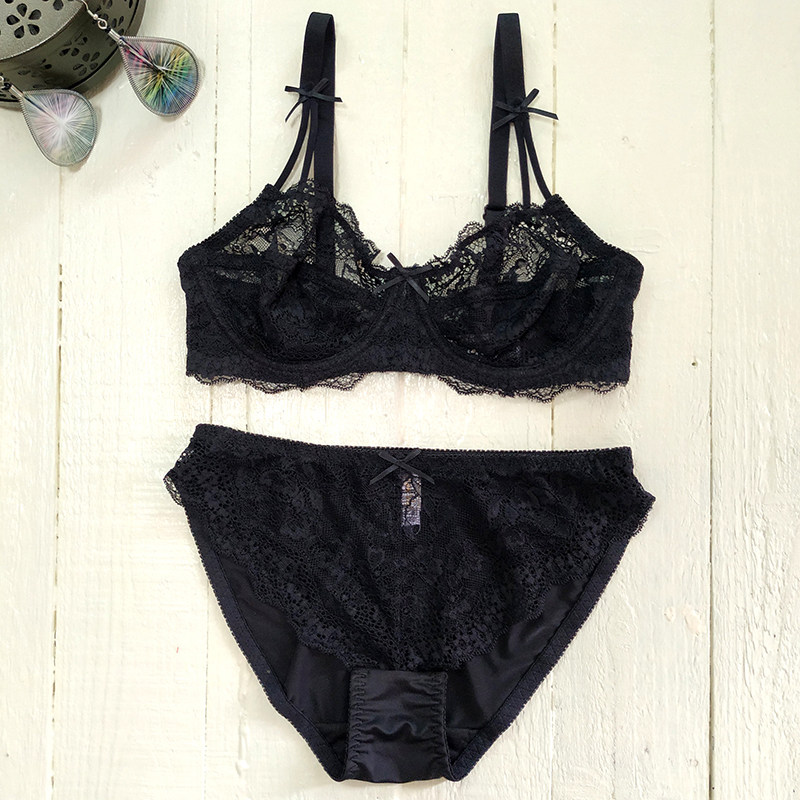 欧美外贸7080b黑色蕾丝内衣性感钢圈聚拢蝴蝶超结薄款文胸套装夏