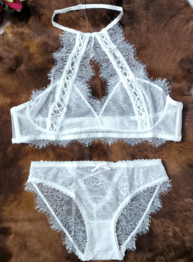 大码精致蕾丝挂脖美背露背天鹅颈无钢圈文胸衣白色超薄80内衣套装