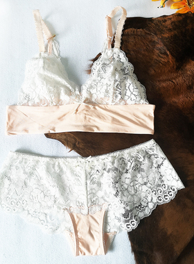 性感超薄舒适无钢圈文胸法式三角杯薄款女生白色蕾丝内衣套装少女