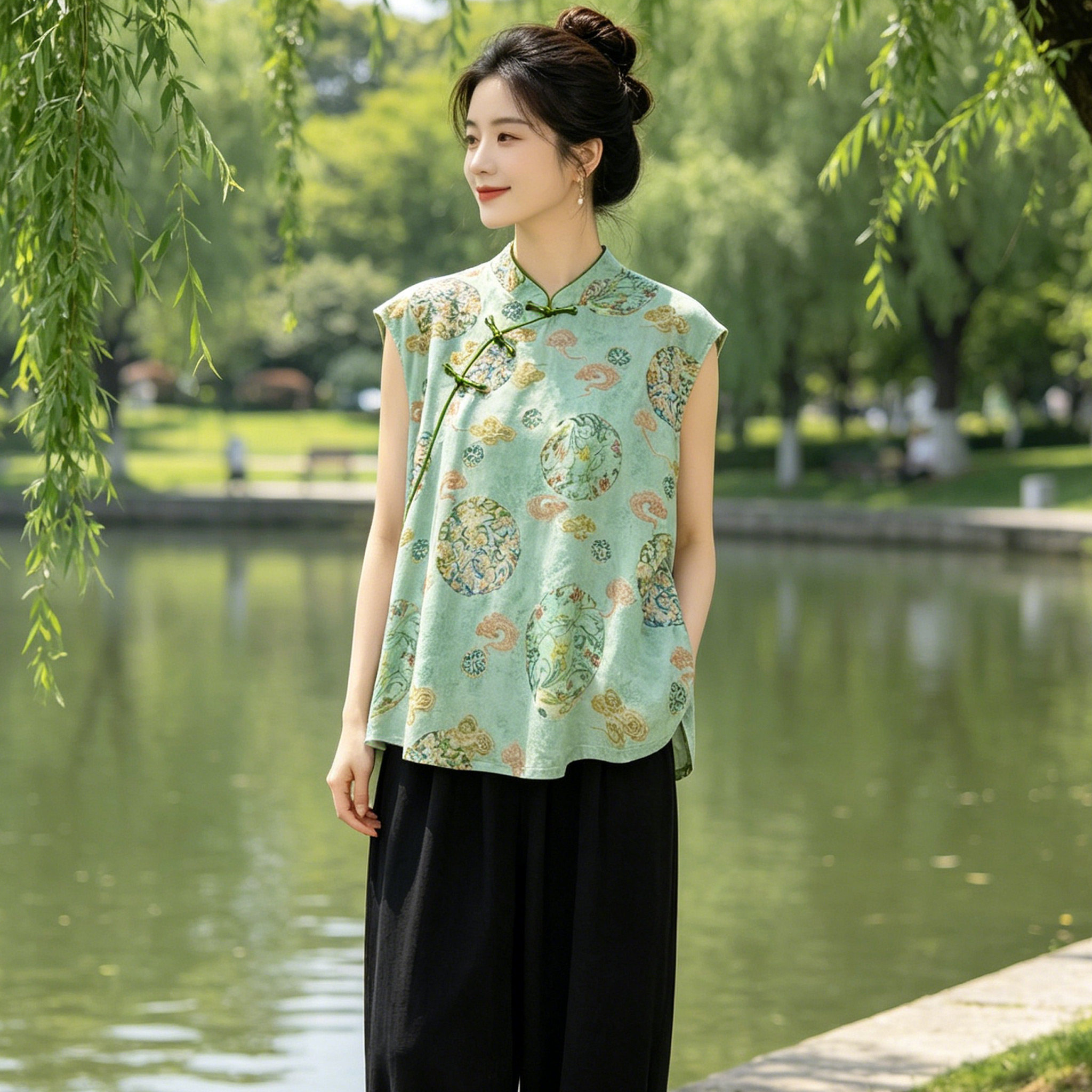 新中式棉绸无袖上衣女夏季宽松大码外穿坎肩国风复古遮肚子小衬衫