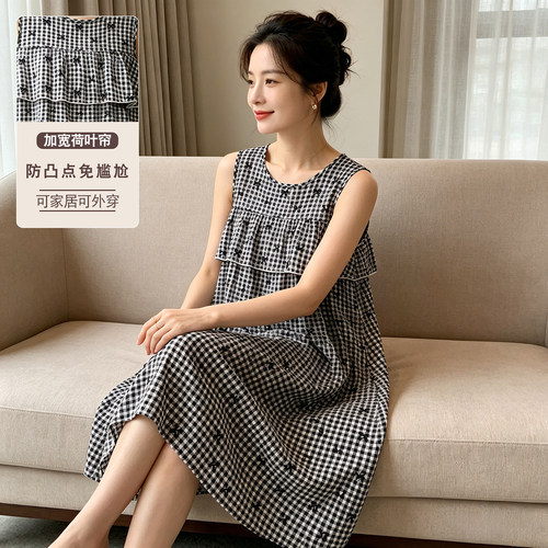 无袖棉绸睡裙夏季防凸点不带胸垫2026新款连衣裙大码妈妈家居服薄