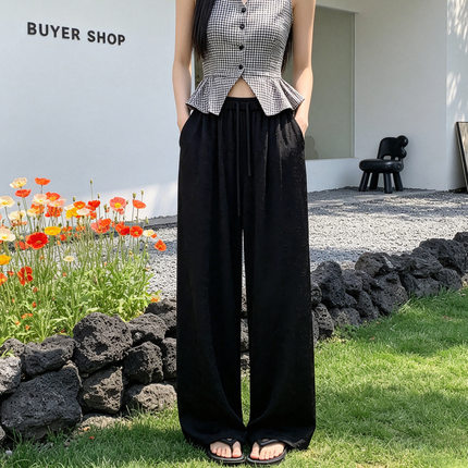 棉绸阔腿裤女夏季2026新款高腰黑色大码显瘦新中式提花直筒休闲裤