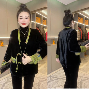 提花拼色和服领金丝绒棉服女冬装新款宽松休闲复古风盘扣棉衣外套