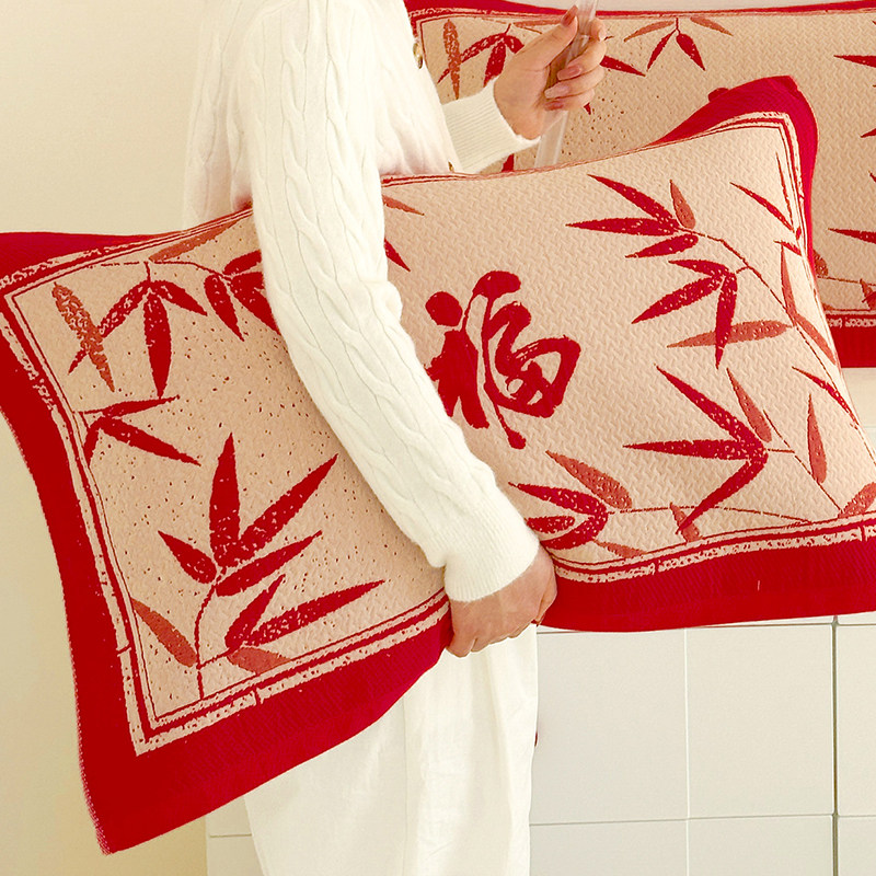 春节福字纯棉纱布枕巾一对装成人全棉枕头巾情侣婚庆红色盖巾垫巾