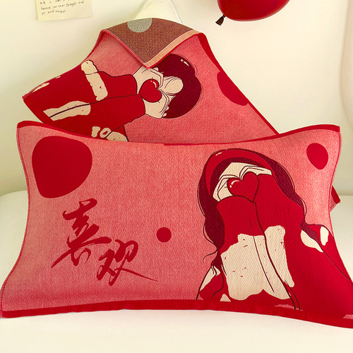 大红喜庆年味纯棉枕巾一对装单只