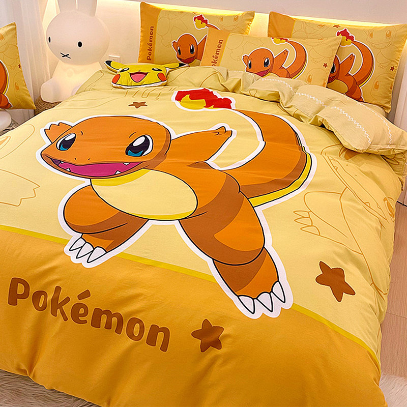 床上四件套纯棉全棉卡通被套三件套男孩儿童床单宝可梦皮卡丘床笠
