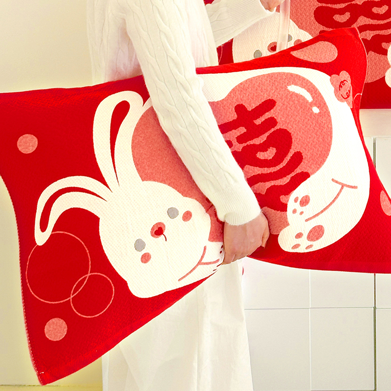 大紅喜慶年味純棉枕巾一對裝單只