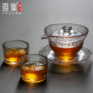 锤纹公道杯加厚耐热玻璃盖碗泡茶器手抓壶品茶杯 雅集冰丝茶具日式