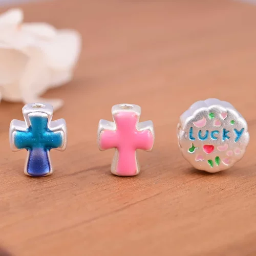 S999足银lucky十字架竖穿孔隔珠 可爱3D立体彩色滴胶DIY编绳配件