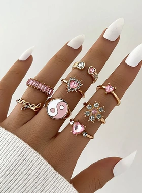 Fashion Pink Crystal Heart Ring Set For Women Enamel Yin