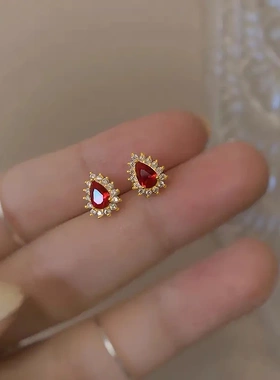 Charming Bright Red CZ Stud Earrings Female Delicate