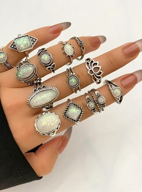 Bohemian Opal Stone Rings Sets For Women Antique Carving