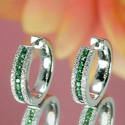 Silver Color Hoop Earrings with Blue Cubic Zirconia