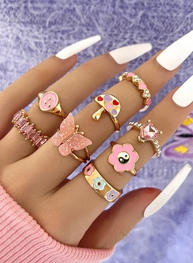 Pink Acrylic Butterfly Knuckle Ring Set For Women Crystal