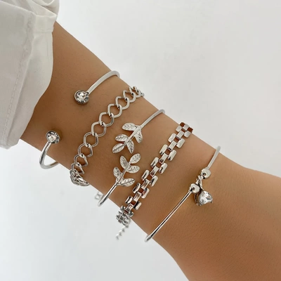 Bohemian Silver Color Geometric Link Chain Bracelet Set For
