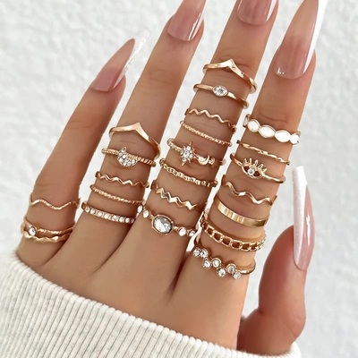 23Pcs Trendy Simple Knuckle Rings Set For Women Crystal