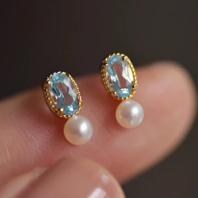 Dainty Women's Earrings Oval Blue CZ with Imitation Pearl