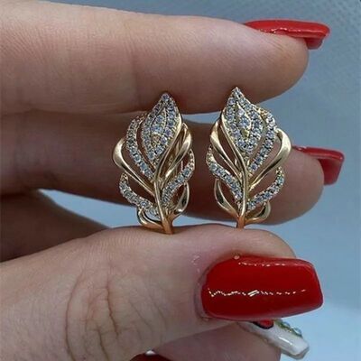 Leaf Shaped Hoop Earrings Gold Color Cubic Zircon Brilliant