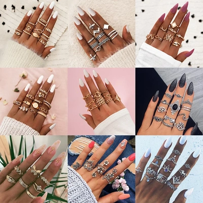 Boho Geometry Knuckle Finger Rings Set For Women Crystal