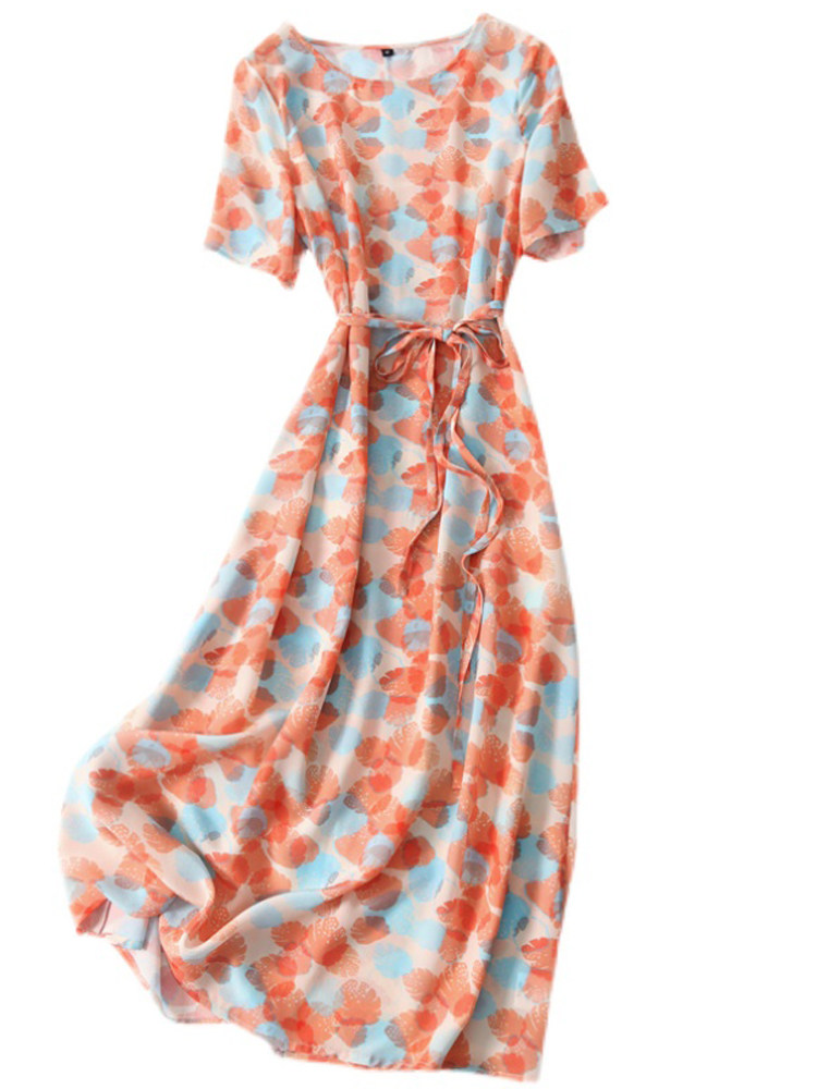 FRENCH LIGHT LUXURY MULBERRY SILK FLORAL DRESS WOMENS SUMMER TEMPERAMENT RETRO ROUND NECK TIE WAIST SILK MIDI SKIRT