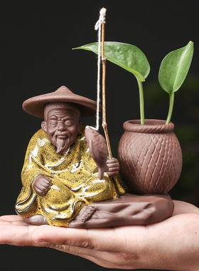 老翁垂钓水栽复古禅意绿萝插花瓶