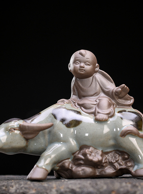 创意田园古风陶瓷牧童骑牛童子小摆件人物花宠植物盆造景桌面摆设