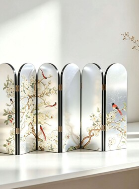 文创银色镜面新中式桌面小屏风全边烤漆封边六联礼品装饰摆件