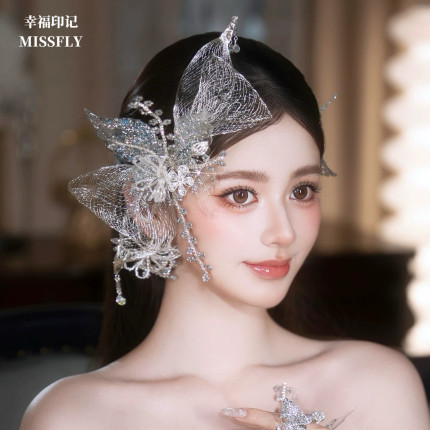新娘网纱蝴蝶结头饰婚纱礼服银色新中式秀禾南洋礼服发白月光百搭