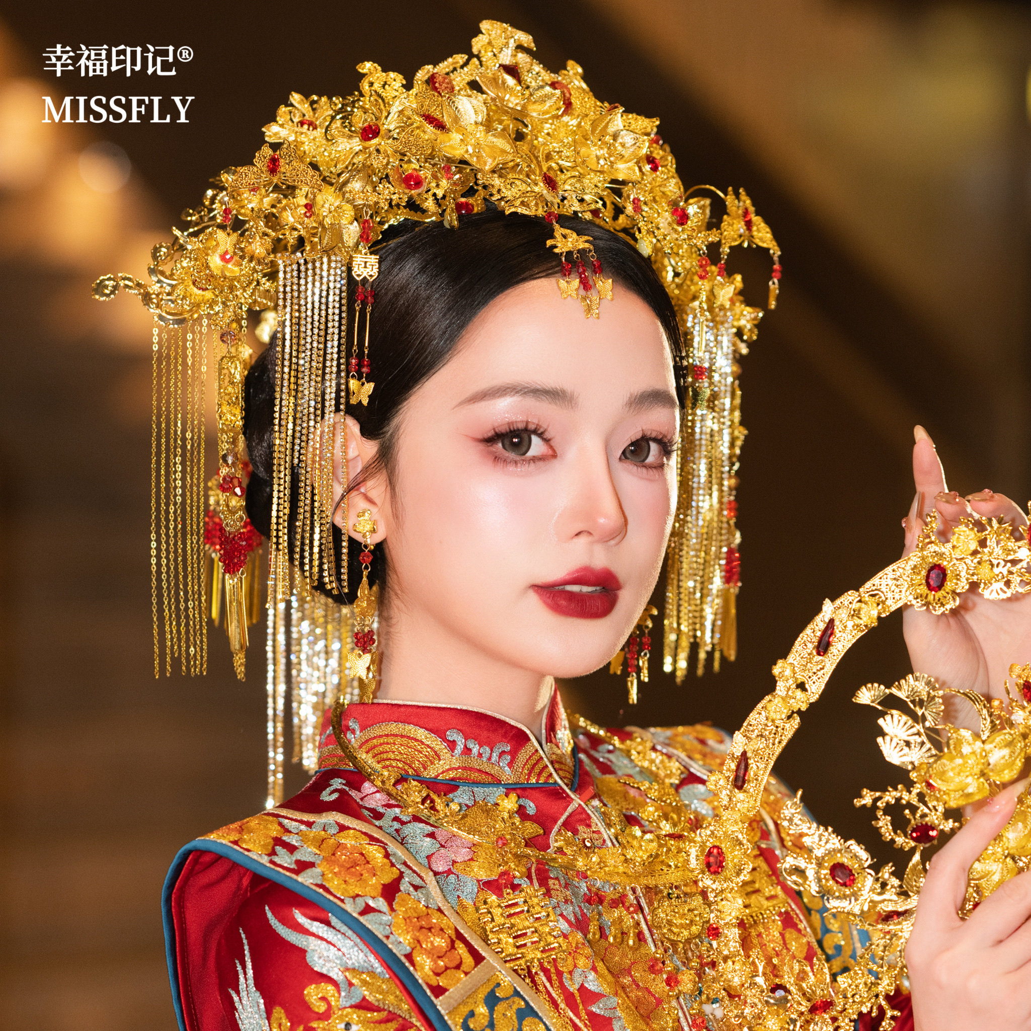 金红色华丽花朵新娘大凤冠中式汉服婚礼秀禾旗袍敬酒服龙凤褂头冠