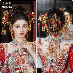 新中式新娘金红色头饰秀禾旗袍南洋风礼服发饰带大后区高品华丽