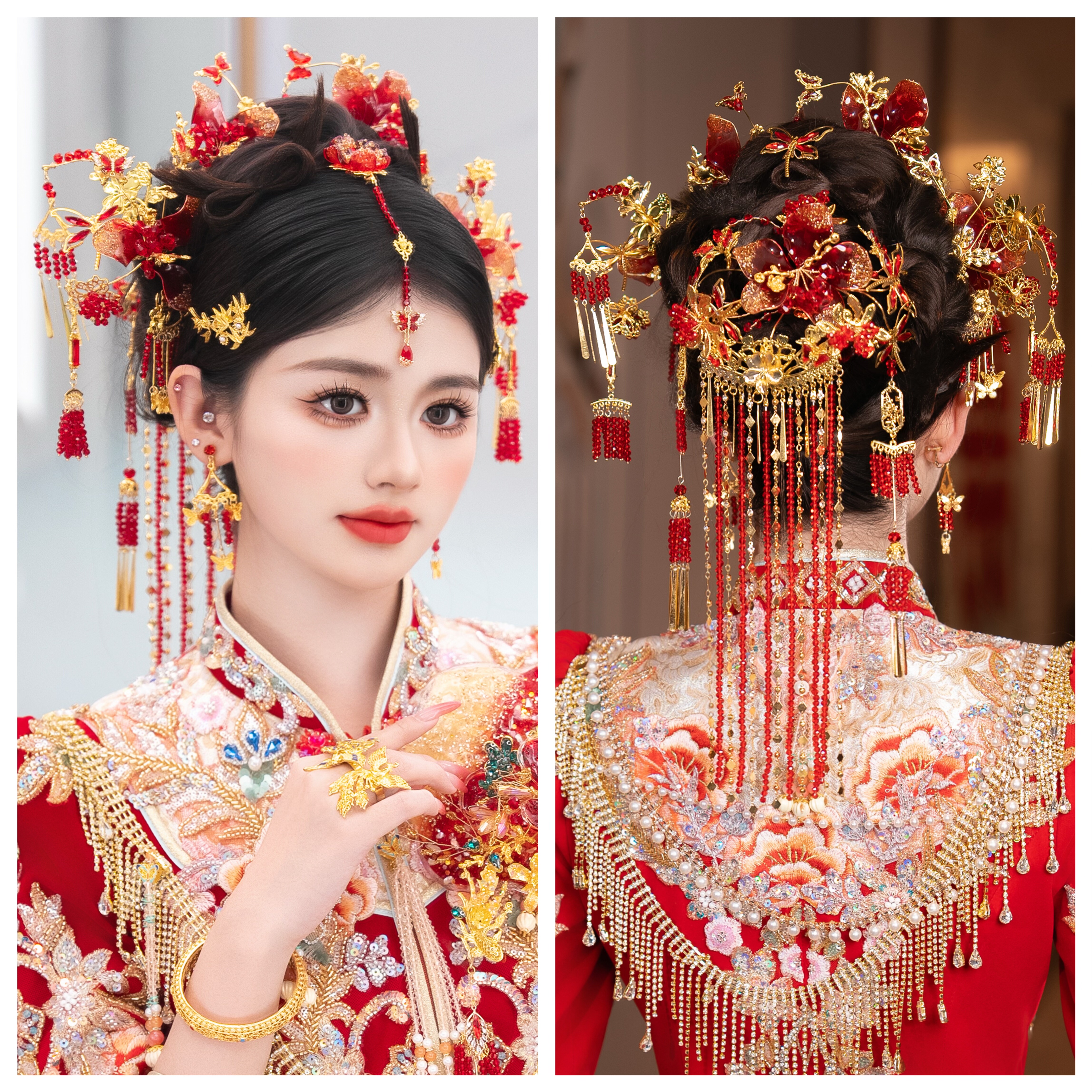 长流苏后区金红色秀禾头饰新娘新中式奢华厚水凝胶重工高端款发饰