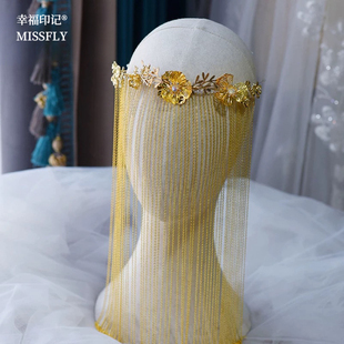 中式婚礼金色花朵面帘遮面秀禾旗袍龙凤褂汉服马面裙可搭配凤冠用