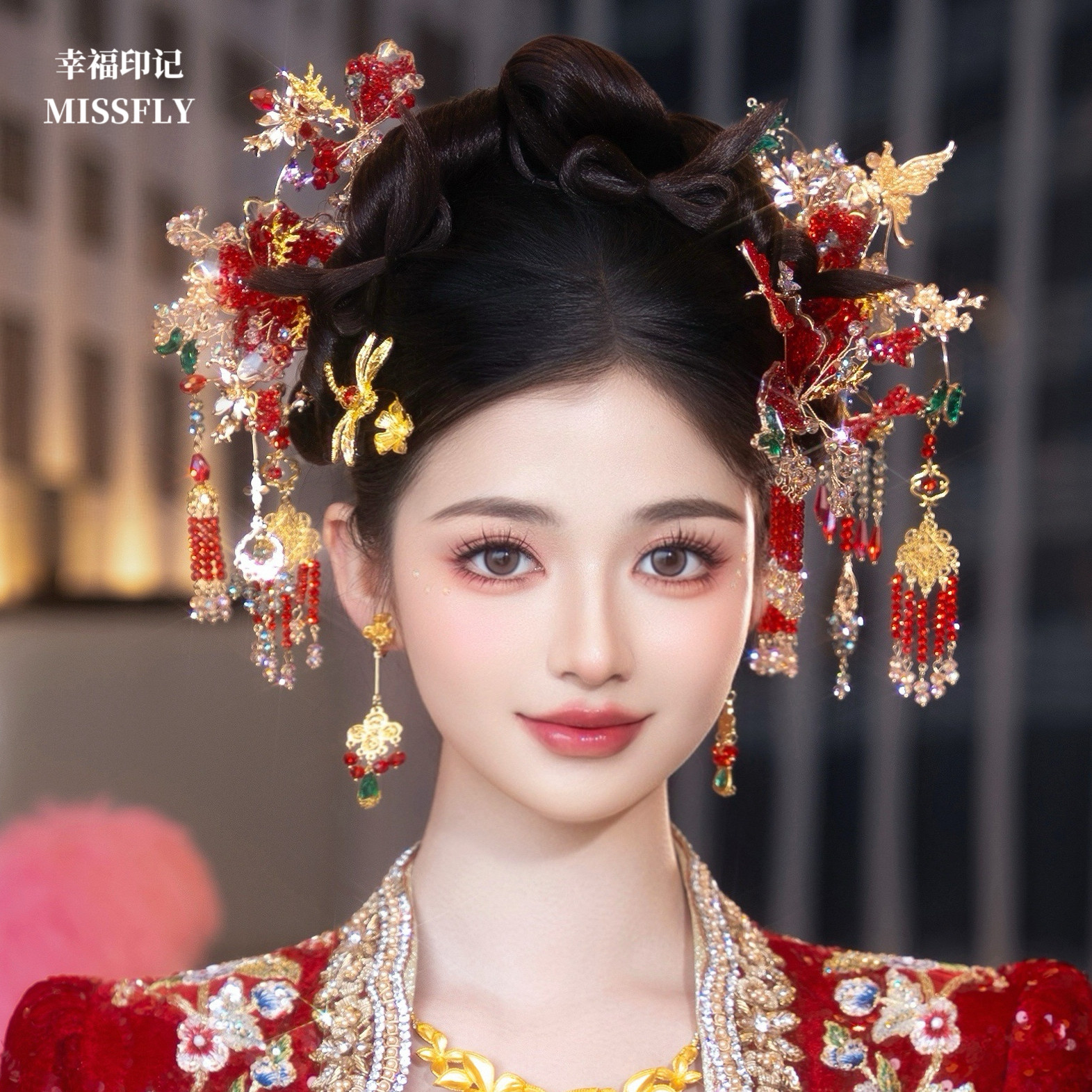 新中式新娘秀禾头饰金红绿