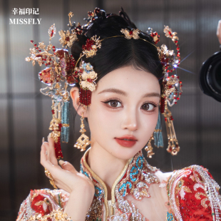 金红蓝新娘头饰新中式发箍飞鹤蝴蝶秀禾旗袍晨袍南洋礼服发饰减龄