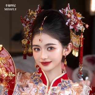 新娘秀禾金红绿头饰新中式厚水凝胶重工花朵蝴蝶旗袍汉服古风发饰