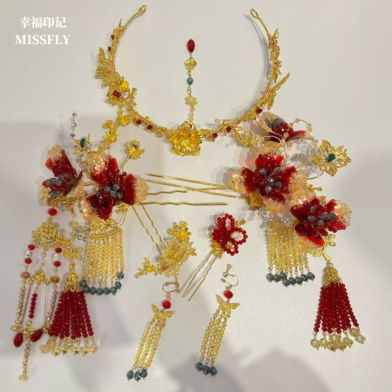 新娘金红色秀禾旗袍头饰眉心坠发箍减龄甜美新中式分体套装发饰