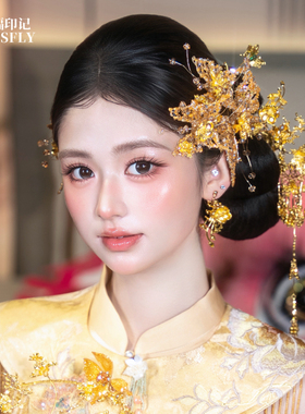 浅色新中式头饰新娘发饰秀禾旗袍晨袍龙凤褂金色蝴蝶超仙减龄凤钗