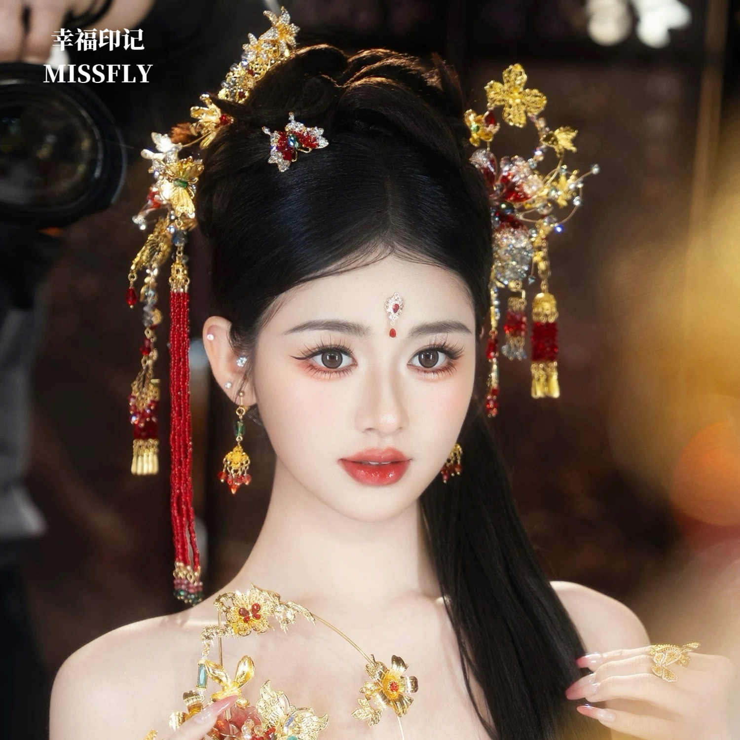 金红色秀禾新娘新中式分体套装头饰龙凤褂马面裙旗袍发饰水晶步摇