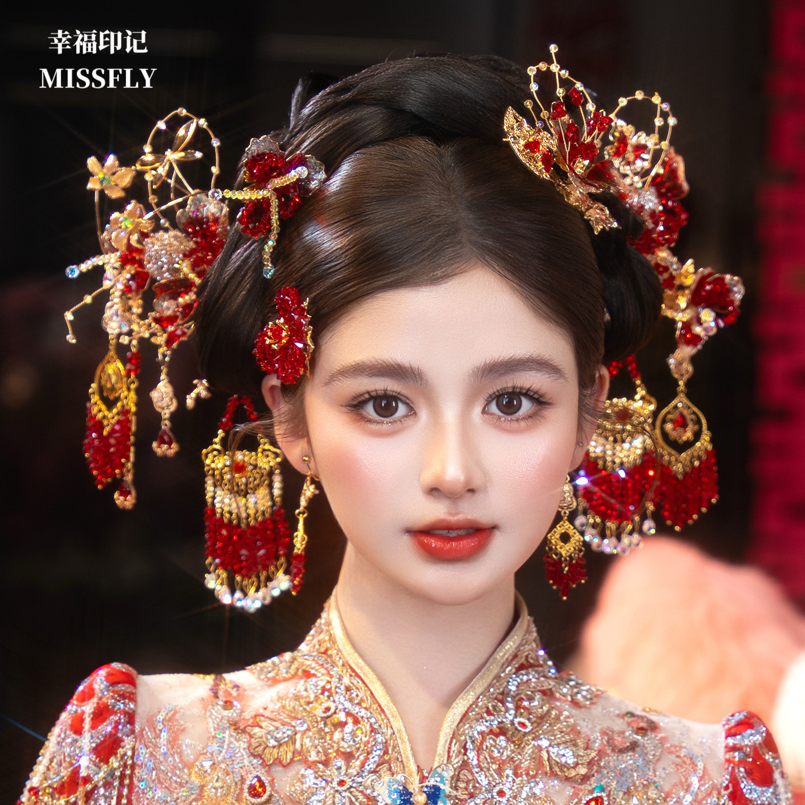 金红色秀禾新娘头饰新中式分体套装马面裙旗袍分体减龄婚礼发饰