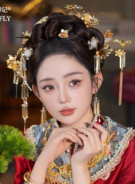 新中式龙凤褂新娘金色飞鹤步摇头饰秀禾旗袍汉服马面裙珠钗发饰