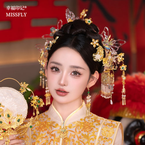 新中式新娘金色飞鹤透明蝴蝶头饰秀禾旗袍龙凤褂汉服马面裙发饰