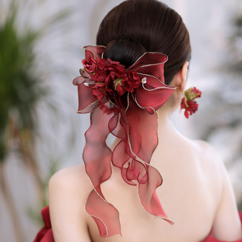 新娘礼服头饰耳夹 甜美 酒红色花朵蝴蝶结小头纱 旗袍发饰配饰