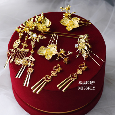 金色花朵发簪新娘头饰秀禾旗袍龙凤褂汉服马面裙发饰新中式结婚