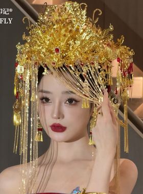 金色面帘大凤冠整冠新娘中式婚礼头饰汉服秀禾龙凤褂敬酒礼服发饰